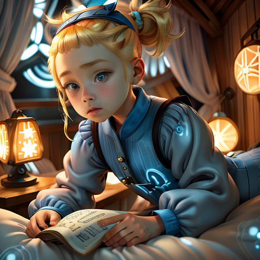 a little girl is reading a book on a bed with a lamp in the background and a window behind her