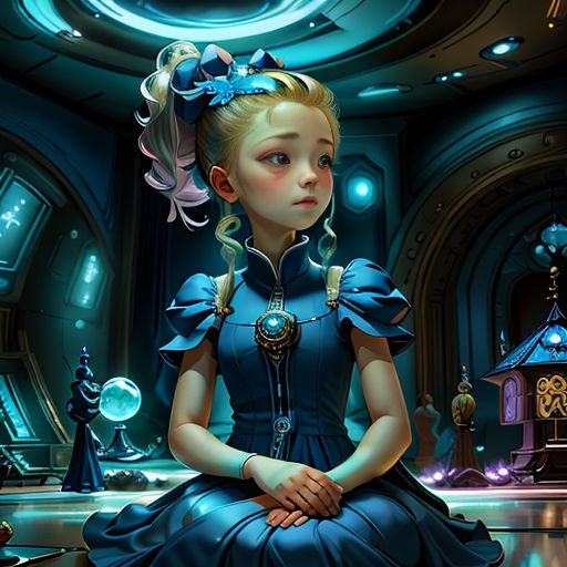 a girl in a blue dress sitting on a floor in a room with a clock and a clock tower
