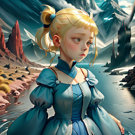 a girl in a blue dress standing in a lake with mountains in the background and a sky filled with clouds