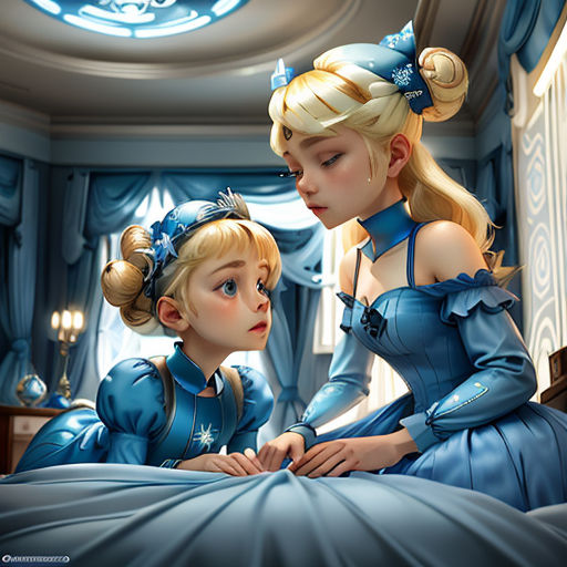a painting of two girls in blue dresses sitting on a bed together, one of them is looking at the other