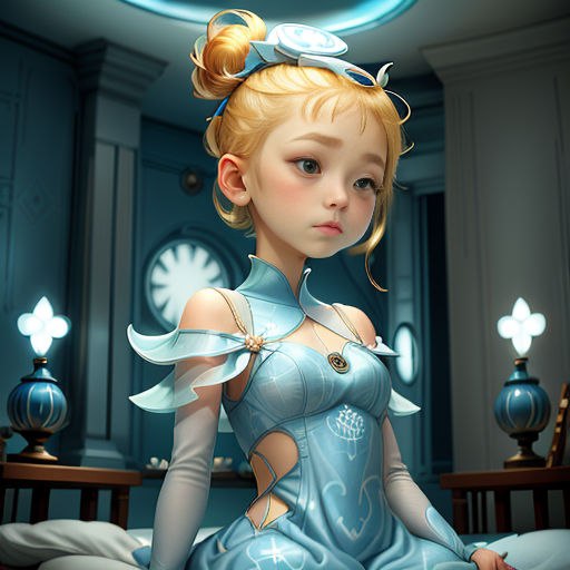 a cartoon girl in a blue dress sitting on a bed in a room with a clock on the wall