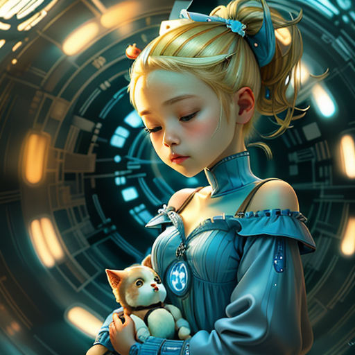 a girl holding a cat in her hands in front of a circular background with a clock on it's face