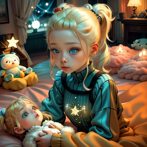 a painting of a little girl and a baby doll on a bed with teddy bears in the background and a teddy bear on the floor