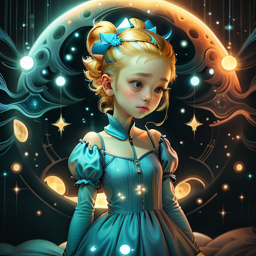 a painting of a girl in a blue dress standing in front of a moon and stars background with a crescent