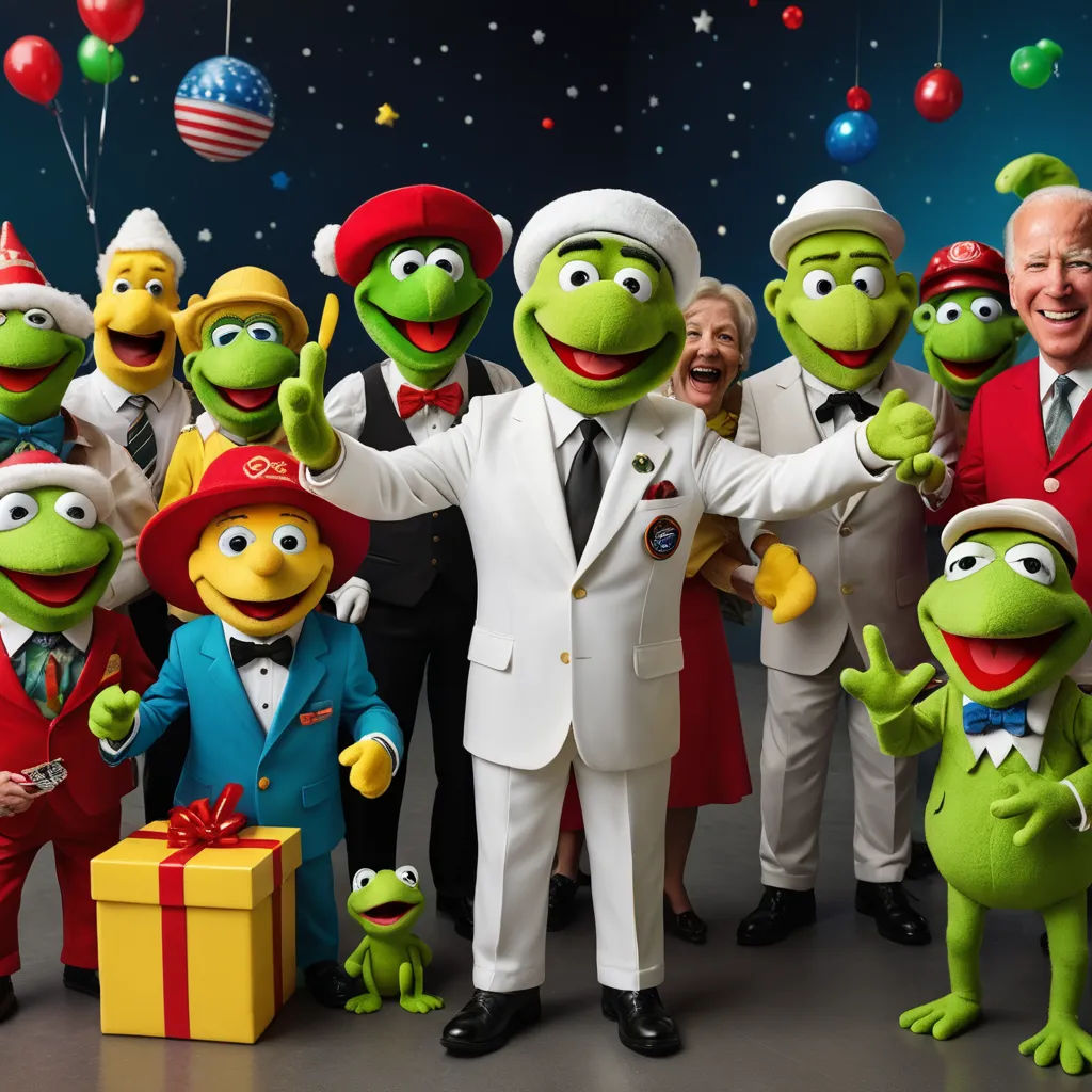 a group of people dressed in costumes posing for a picture with the muppets and the frog characters, kitsch movement, a stock photo, Andries Both, promotional image