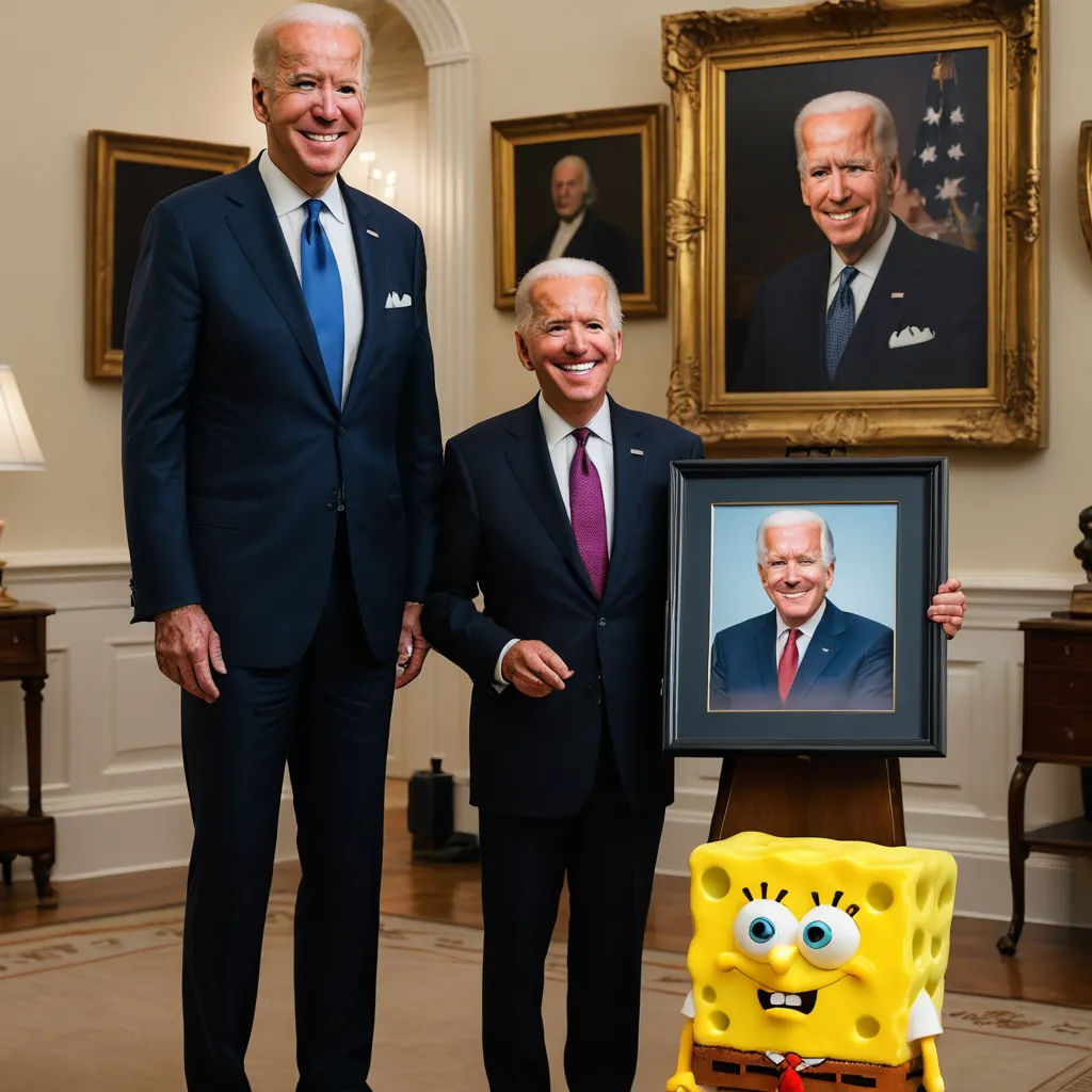 two men in suits standing next to a picture of a man in a suit and tie with a spongebob, fine art, a stock photo, Adam Bruce Thomson, professional photo