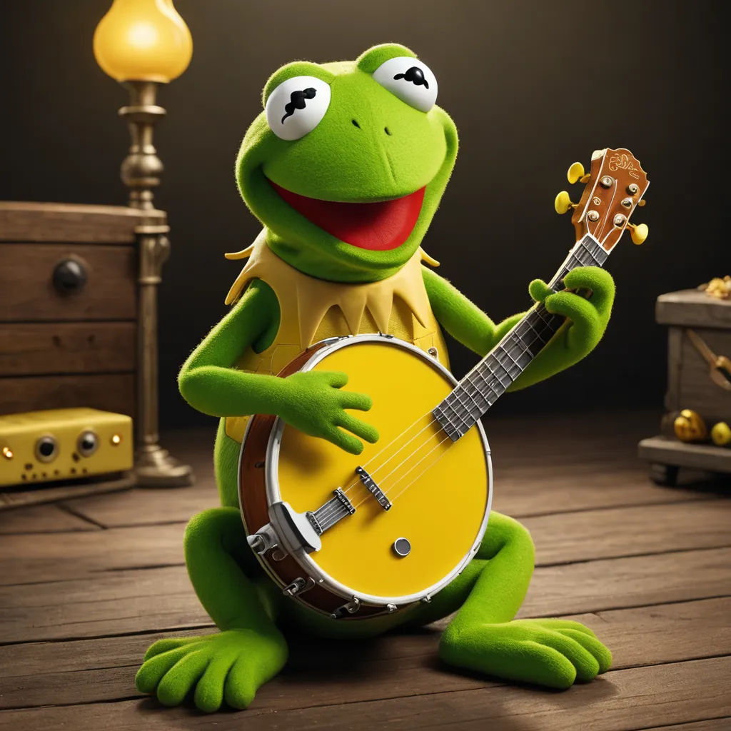 a frog with a guitar and a lamp in the background, a chest of drawers and a chest of drawers, photorealism, a 3D render, Chris LaBrooy, unreal engine 5 quality render