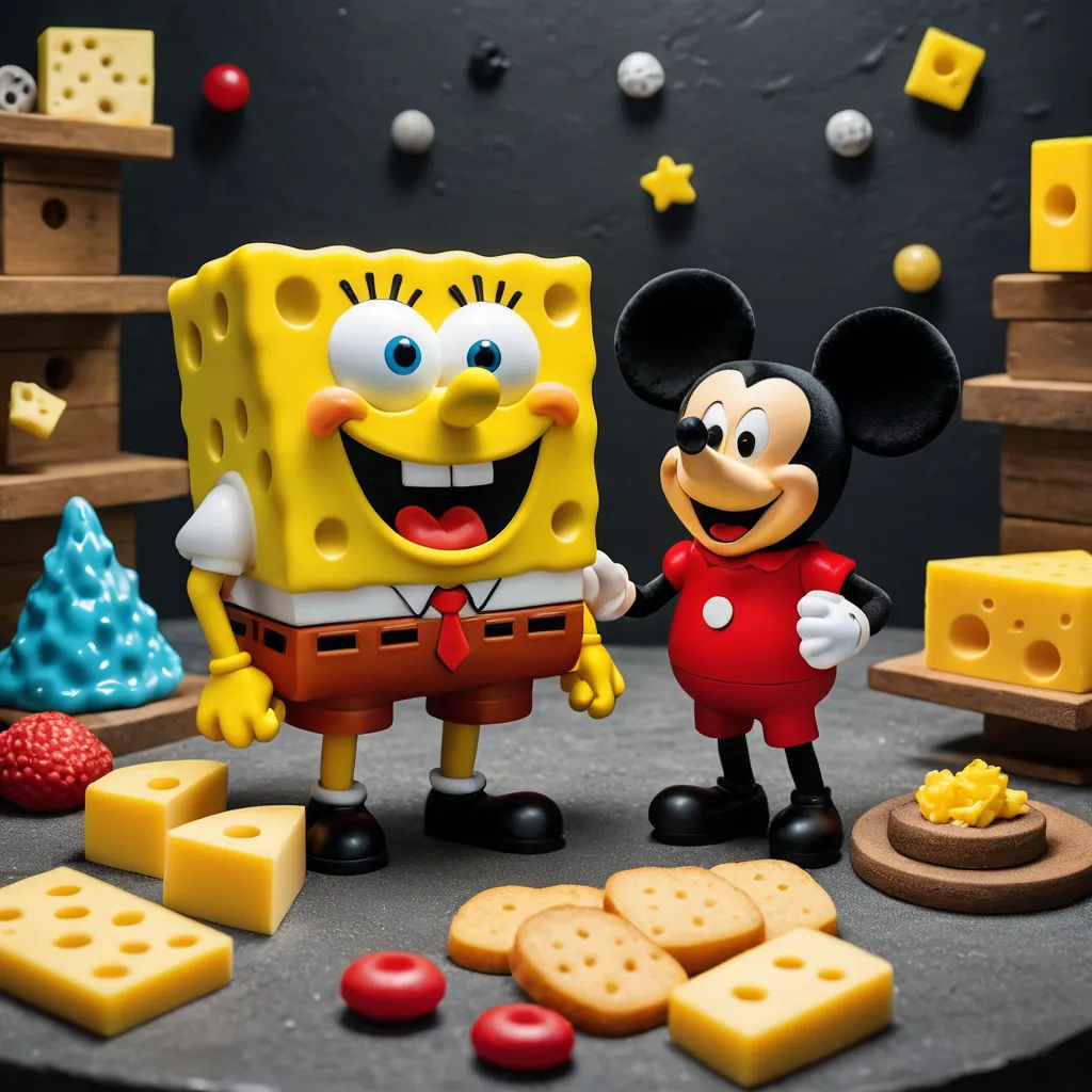 a mickey mouse and mickey mouse figurines are on a table with cheese and other items around them, pop surrealism, a 3D render, Chris LaBrooy, pixar and disney animation