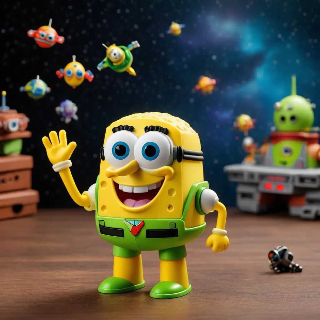 a toy figure of a yellow and green character with a space background and a toy robot in the foreground, space art, a 3D render, Bob Singer, promotional image