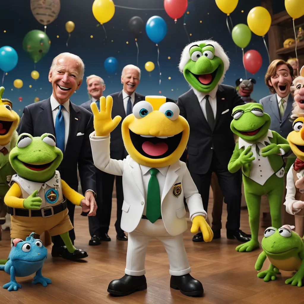 a group of people standing around a group of kermie the frog puppets and balloons in the background, antipodeans, a stock photo, Andries Both, promotional image