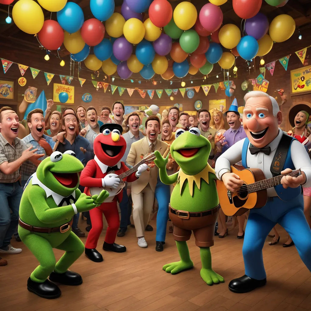 a group of people standing around a room with balloons and a man playing guitar and singing to the muppets, sots art, a poster, Chris LaBrooy, promotional image