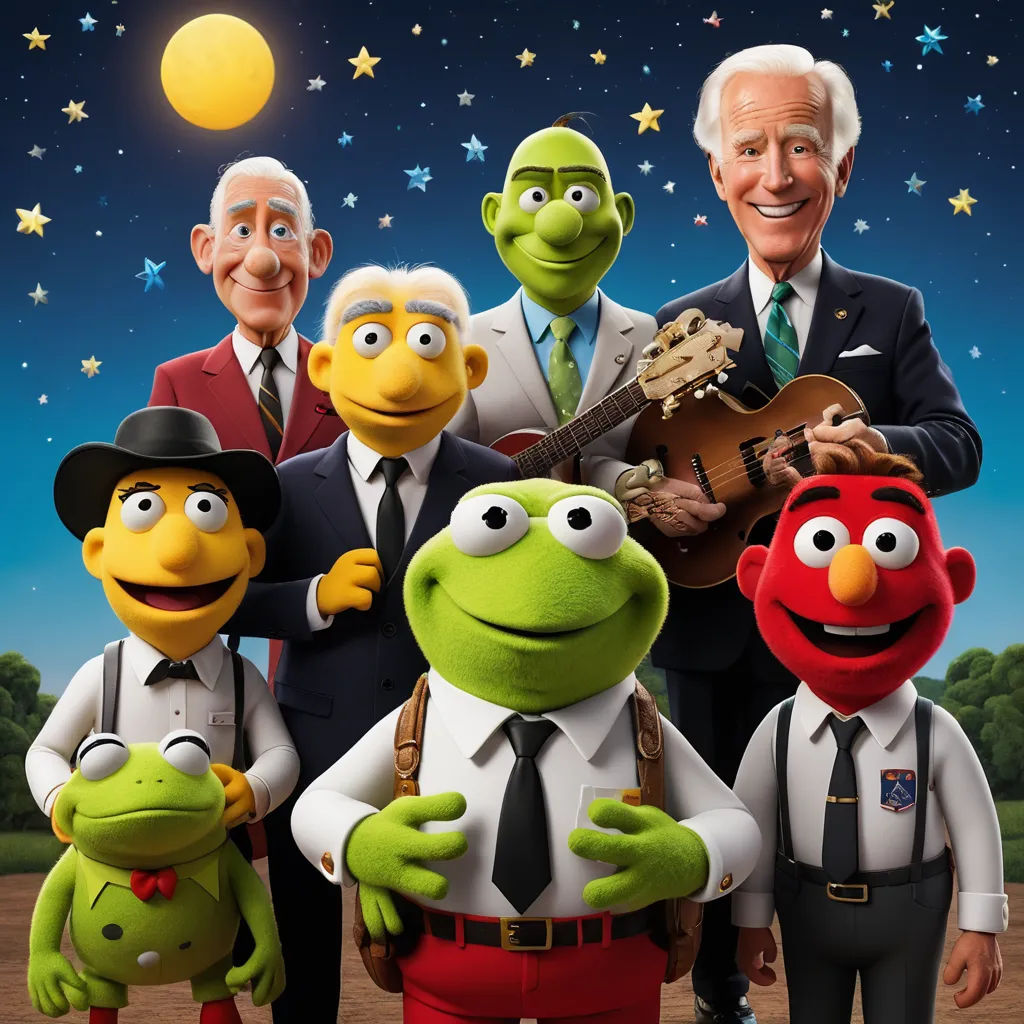 a group of people with a guitar and a frog and frog in front of a night sky with stars, sots art, an album cover, Art Green, promotional image