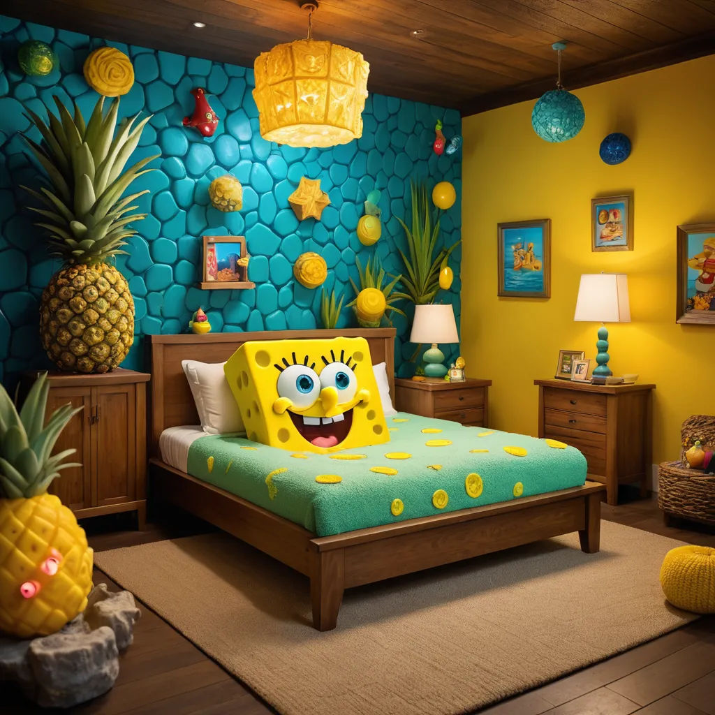 a bedroom with a spongebob bed and pineapples on the wall and a blue wall behind it, maximalism, a photorealistic painting, Chris LaBrooy, stylized