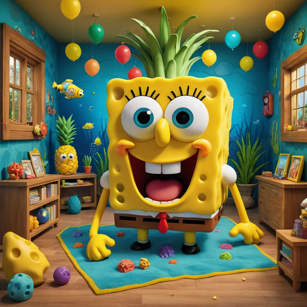 a cartoon character is standing in a room with balloons and decorations around him and a pineapple on the floor, photorealism, a 3D render, Chris LaBrooy, highly detailed digital art
