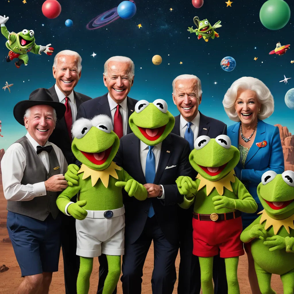 a group of people standing next to each other in front of a backdrop of planets and stars with kermic the frog, fantastic realism, an album cover, Andries Both, promotional image