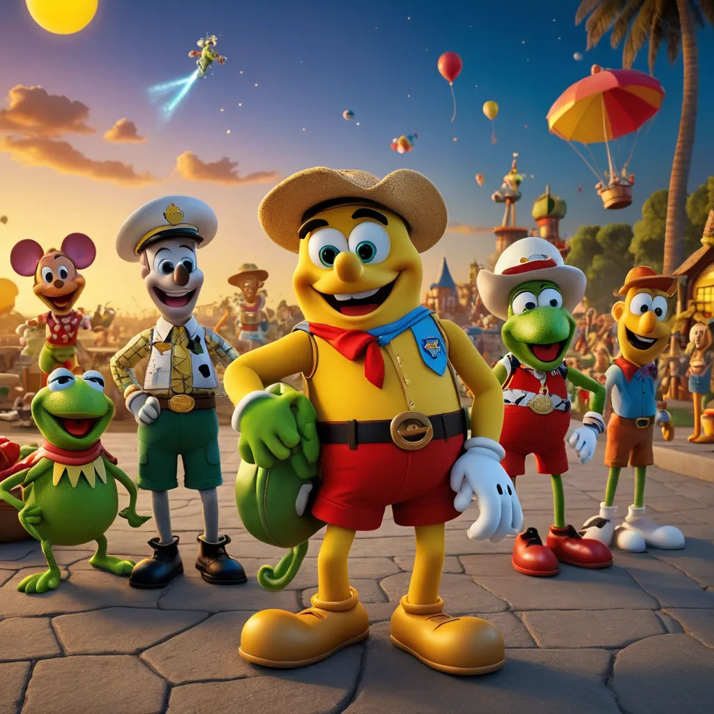 a group of cartoon characters standing on a street next to each other in front of a sky background with balloons, sots art, concept art, disney, promotional image