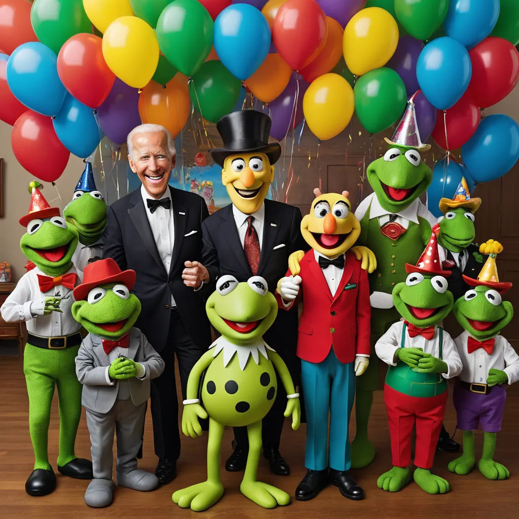 a man in a tuxedo and a group of kermik the frog characters pose for a photo, antipodeans, a stock photo, Andries Both, promotional image