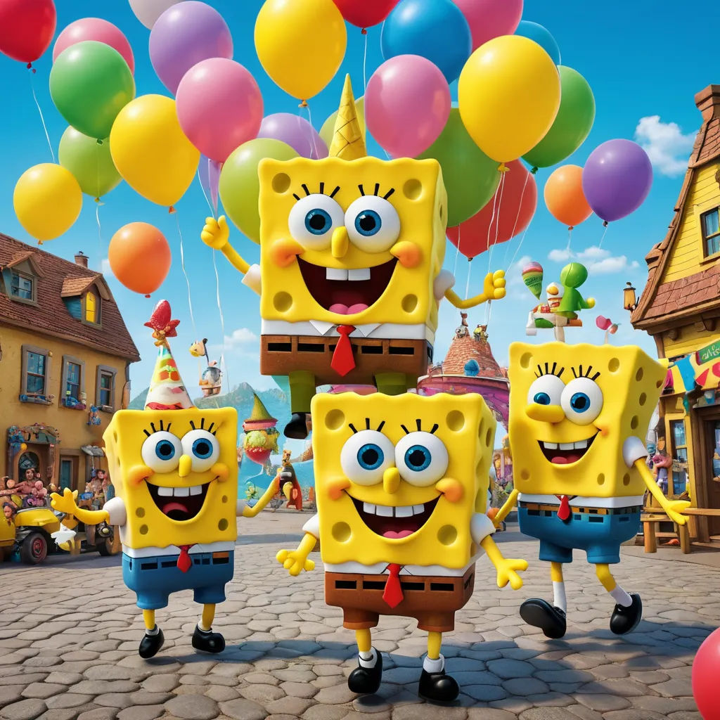 a group of spongebob characters standing in front of a bunch of balloons with a sky background and a building in the background, incoherents, computer graphics, disney, promotional image