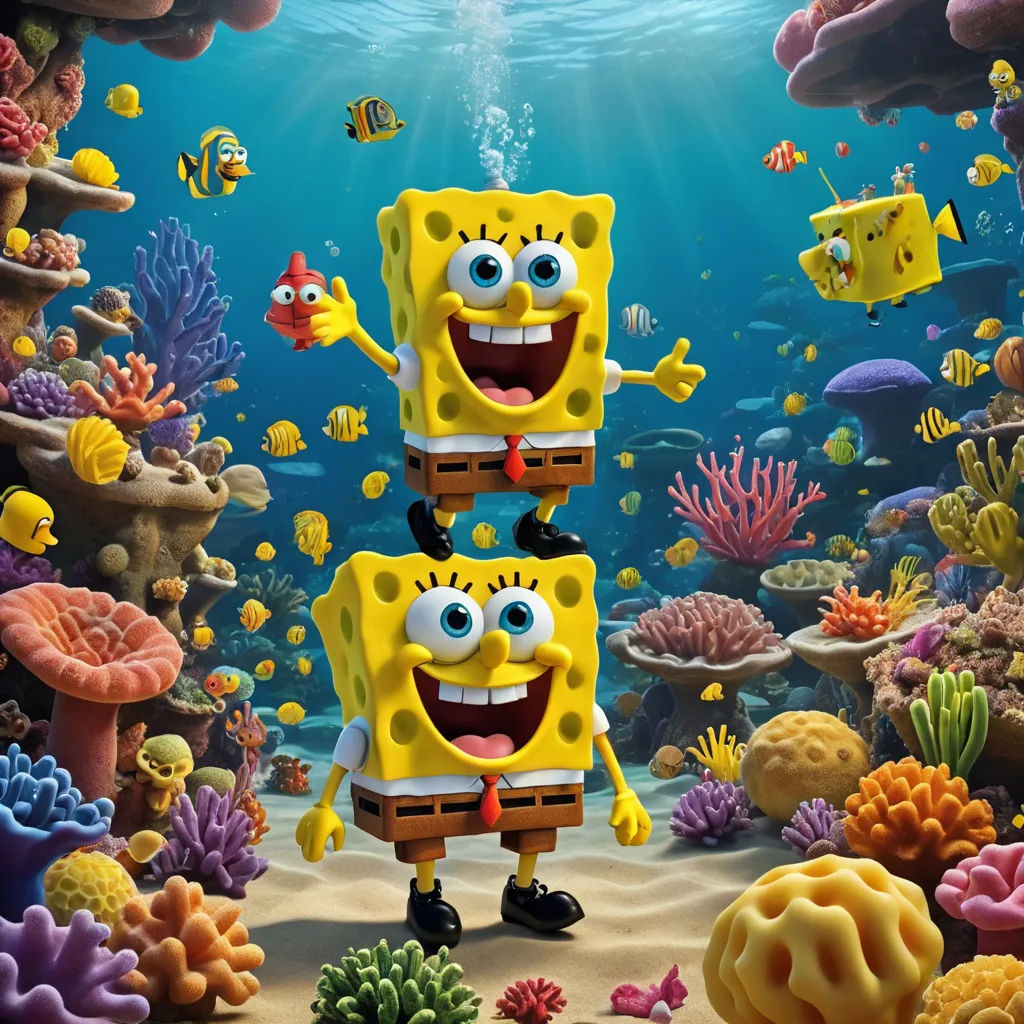 a spongebob character standing in front of a coral reef with other cartoon characters around him and a fish, les nabis, a poster, Bob Singer, promotional image
