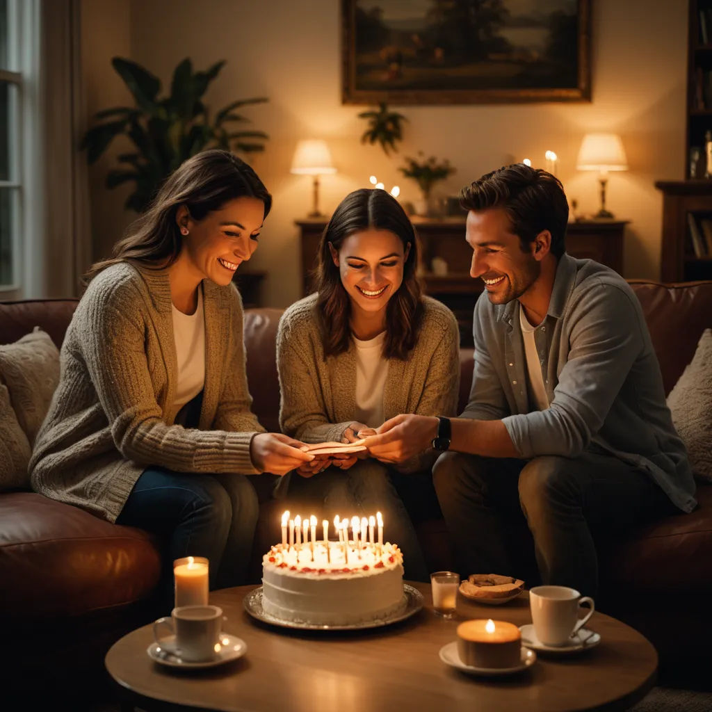 a man and two women sitting on a couch with a cake and candles in front of them on a table, incoherents, a stock photo, Christian Hilfgott Brand, candles