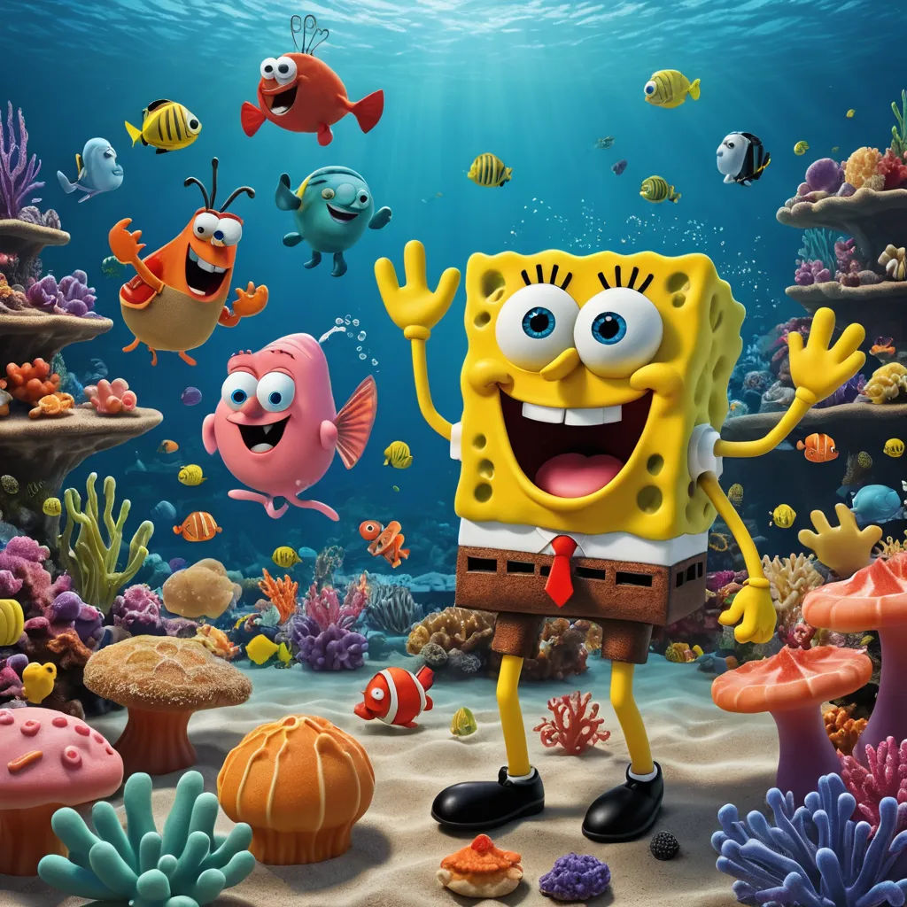 a spongebob character is surrounded by other cartoon characters in the ocean, with a fish and corals, fantastic realism, concept art, Bob Singer, promotional image