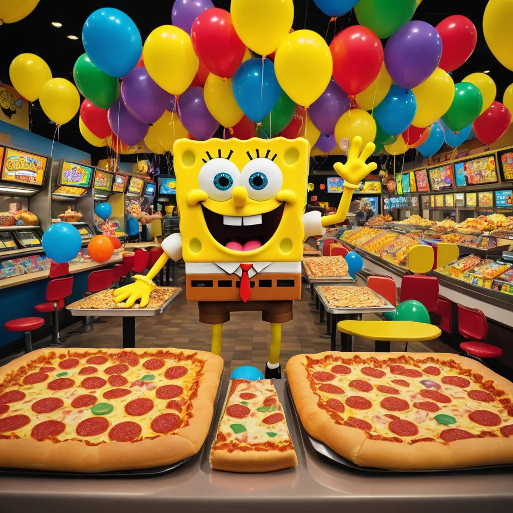 a cartoon character standing in front of two pizzas with balloons in the background and a pizza on the table, lowbrow, a pastel, Chris LaBrooy, promotional image