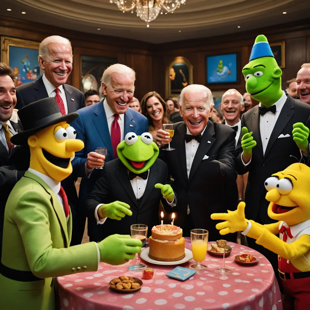 a group of people standing around a table with a cake and a couple of puppets on it's face, private press, a stock photo, Avgust Černigoj, promotional image