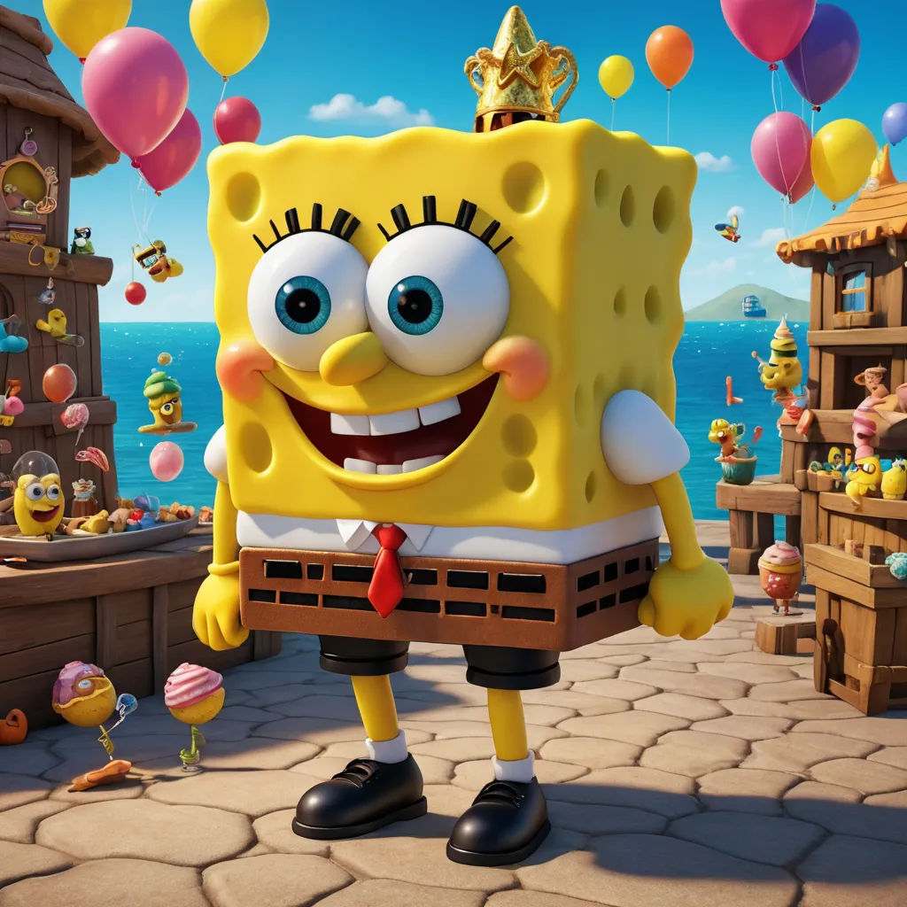 a cartoon character is standing in front of a bunch of balloons and a building with a gold crown on it, sots art, a 3D render, Chris LaBrooy, promotional image