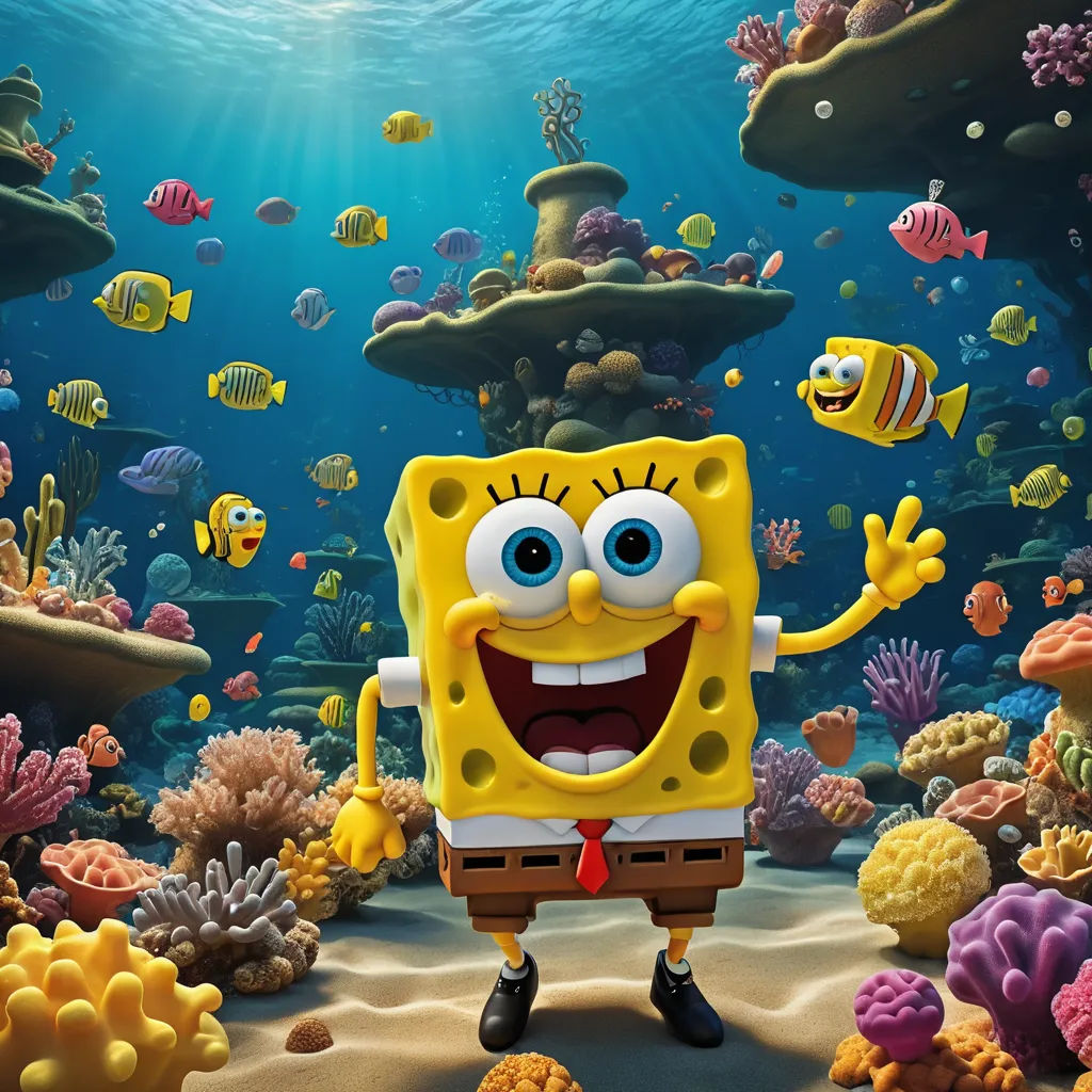 a spongebob character is standing in the ocean with a fish and corals in the background,, fantastic realism, a screenshot, Chris LaBrooy, promotional image