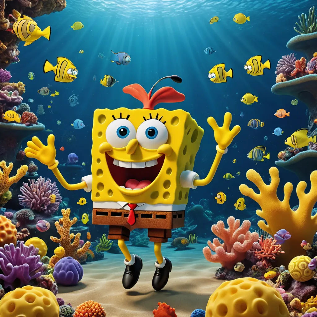 a spongebob character is standing in the ocean with his arms out and eyes wide open, with a fish and corals in the background, lowbrow, a cartoon, Bob Singer, promotional image