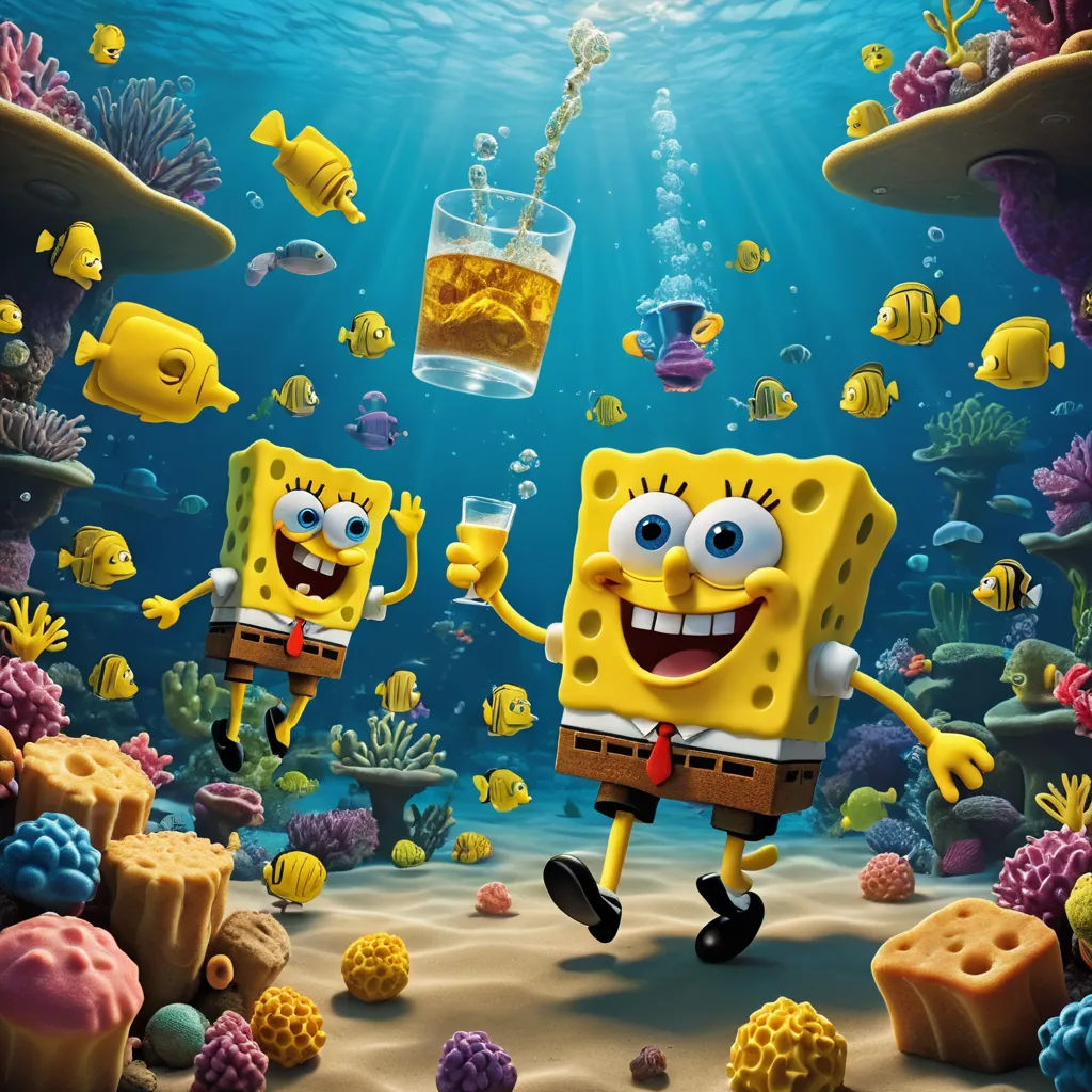 a cartoon character is standing in the ocean with a glass of beer and a spongebob character is holding a beer, net art, poster art, Chris LaBrooy, underwater