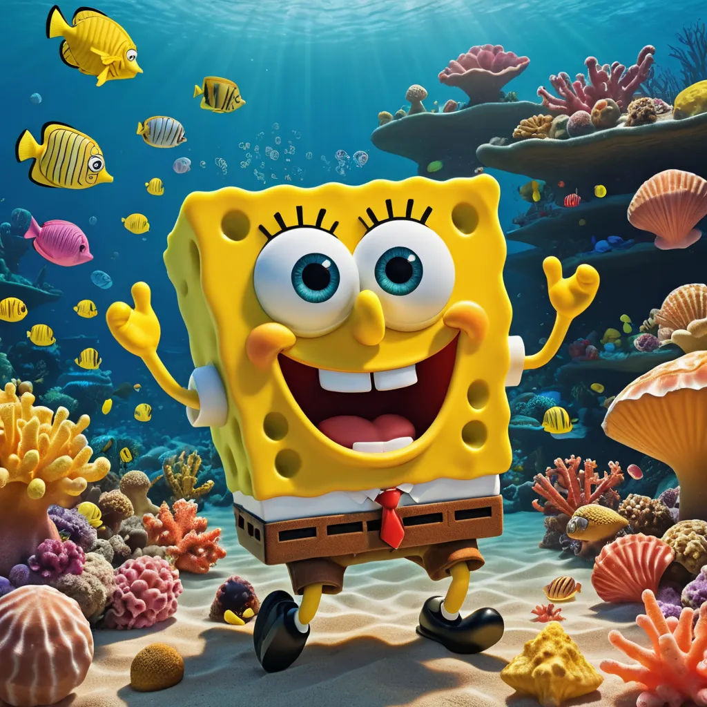 a spongebob character is smiling in the ocean with corals and fish around him, with a background of corals and seaweed, lowbrow, computer graphics, Bob Singer, promotional image