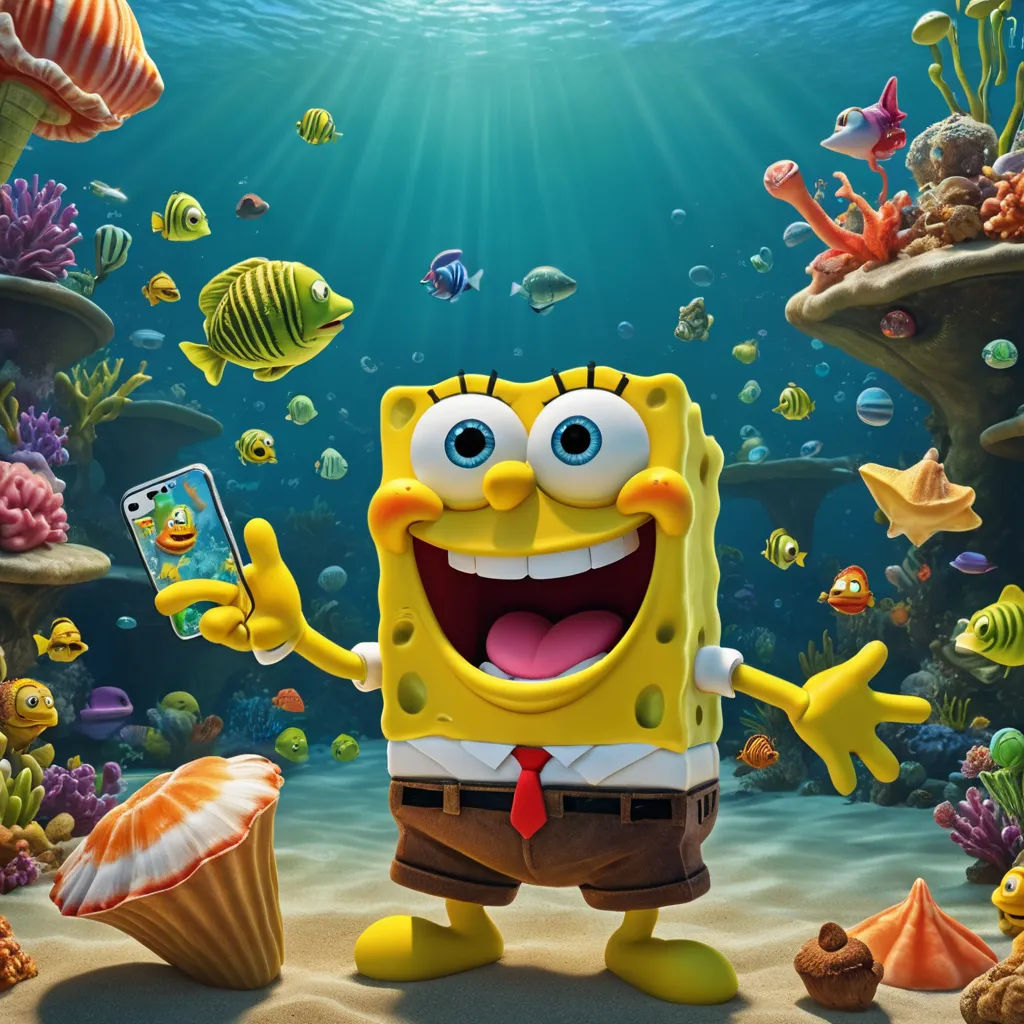 a cartoon character holding a cell phone in front of a sea scene with fish and corals on the bottom, holography, a screenshot, Chris LaBrooy, promotional image