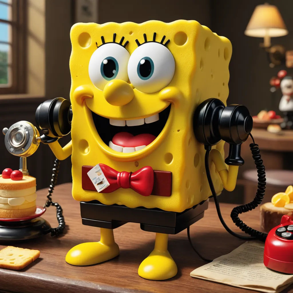 a yellow spongebob phone with a red bow tie and a red phone cord attached to it, with a cake and a phone on a table, pop surrealism, a 3D render, Bob Singer, promotional image