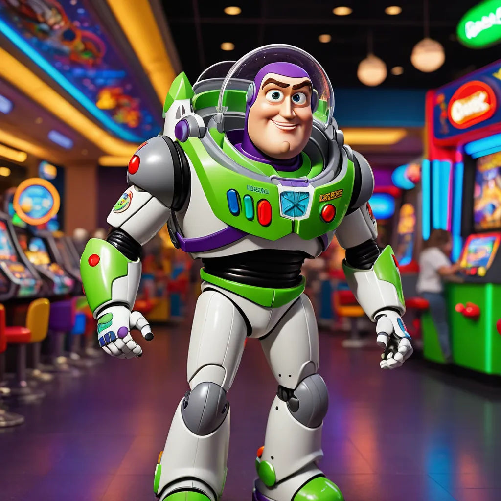 a toy story character in a toy story store setting with arcade machines in the background and a neon lit ceiling, photorealism, a character portrait, Beeple, pixar and disney animation