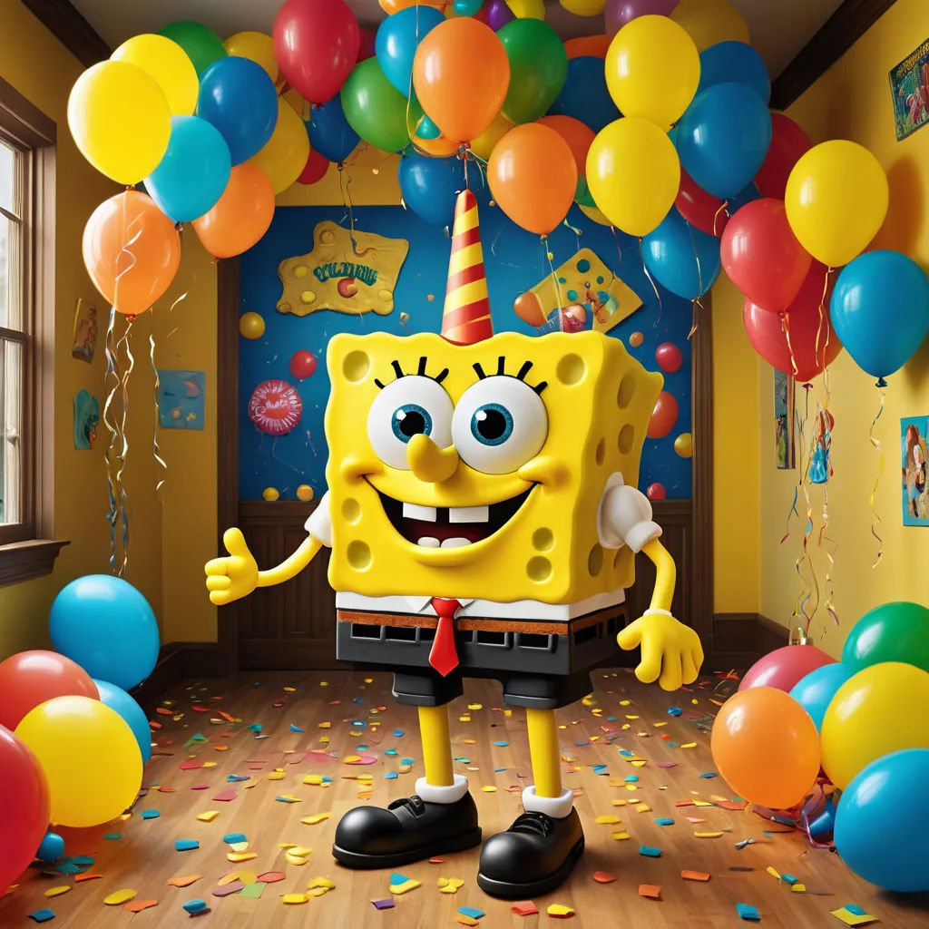 a cartoon character is standing in a room with balloons and confetti on the floor and a party hat on, net art, a character portrait, Chris LaBrooy, promotional image