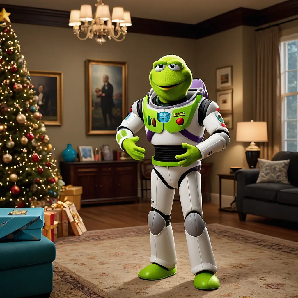 a christmas tree in a living room with a toy buzz lightyear standing in front of it and a christmas tree in the background, classical realism, a digital rendering, Andries Both, pixar and disney animation