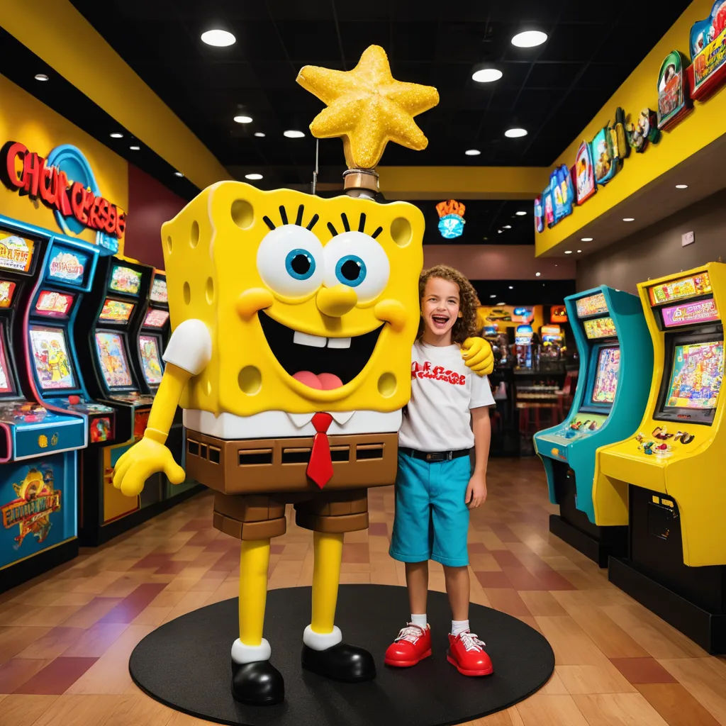 a young boy standing next to a spongebob character in a game room with slot machines and slot machines, maximalism, a character portrait, Chris LaBrooy, promotional image