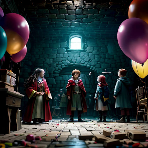a group of children standing in a room with balloons and a table with a cake on it and a person standing in the middle