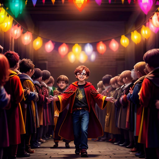 a man in a red robe is walking through a crowd of people with lights on the ceiling and a string of lights hanging above
