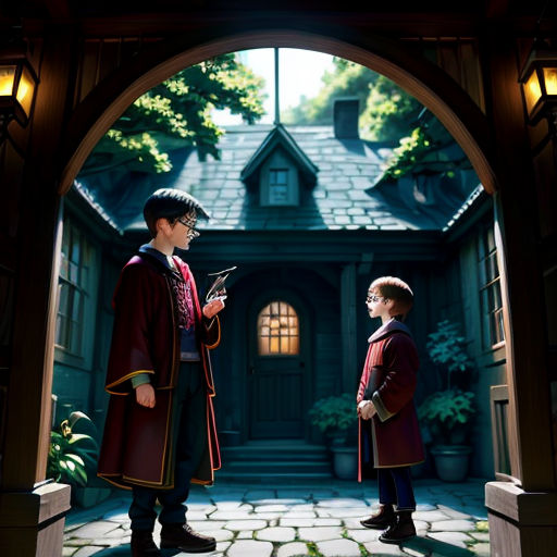 a boy and a boy in robes standing in front of a house with a door open to a courtyard