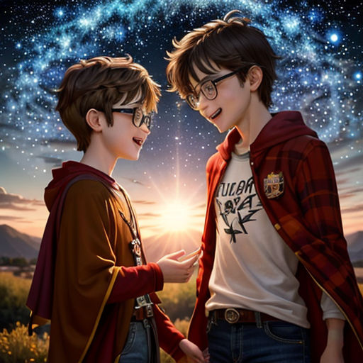 two boys standing next to each other in front of a sky with stars and a circle of stars above them