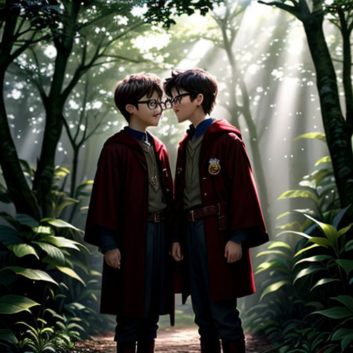 two young boys standing in a forest with trees and leaves on the ground, one of them is wearing a red coat