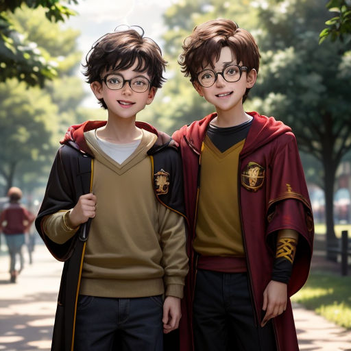 two young boys dressed in harry potter costumes standing next to each other on a sidewalk with trees in the background