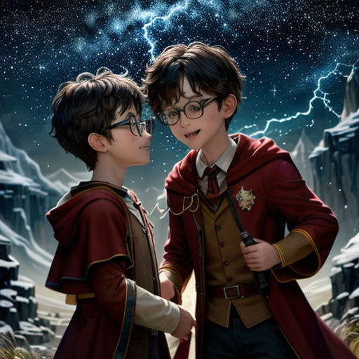 two young boys dressed in harry potter outfits standing next to each other in front of a mountain with lightning