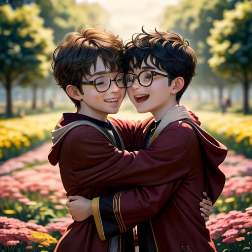 two young boys hugging each other in a field of flowers with trees in the background and a field of flowers in the foreground