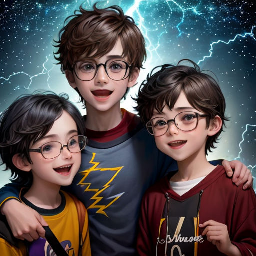three children are posing for a picture together in front of a lightning background with a lightning bolt in the sky
