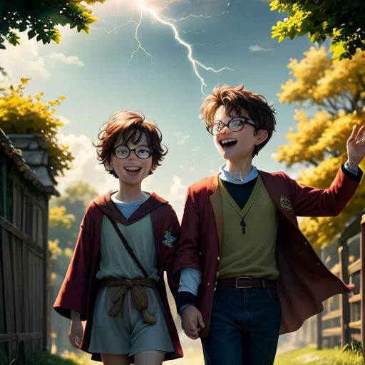 a couple of kids walking down a street next to a fence and a tree with a lightning in the sky