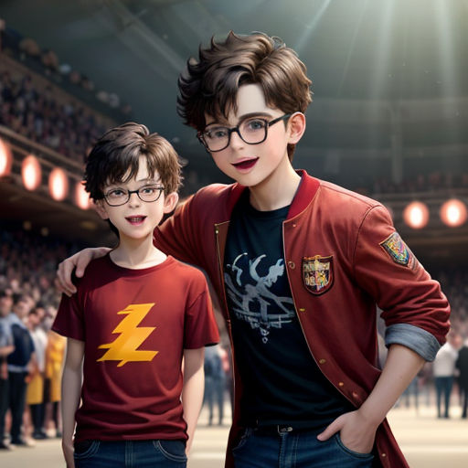 two boys in glasses standing next to each other in front of a crowd of people in a stadium with lights