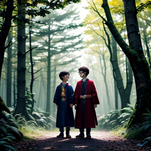 two people standing in the middle of a forest with trees and leaves on the ground, one person wearing a red coat and the other person wearing a blue coat